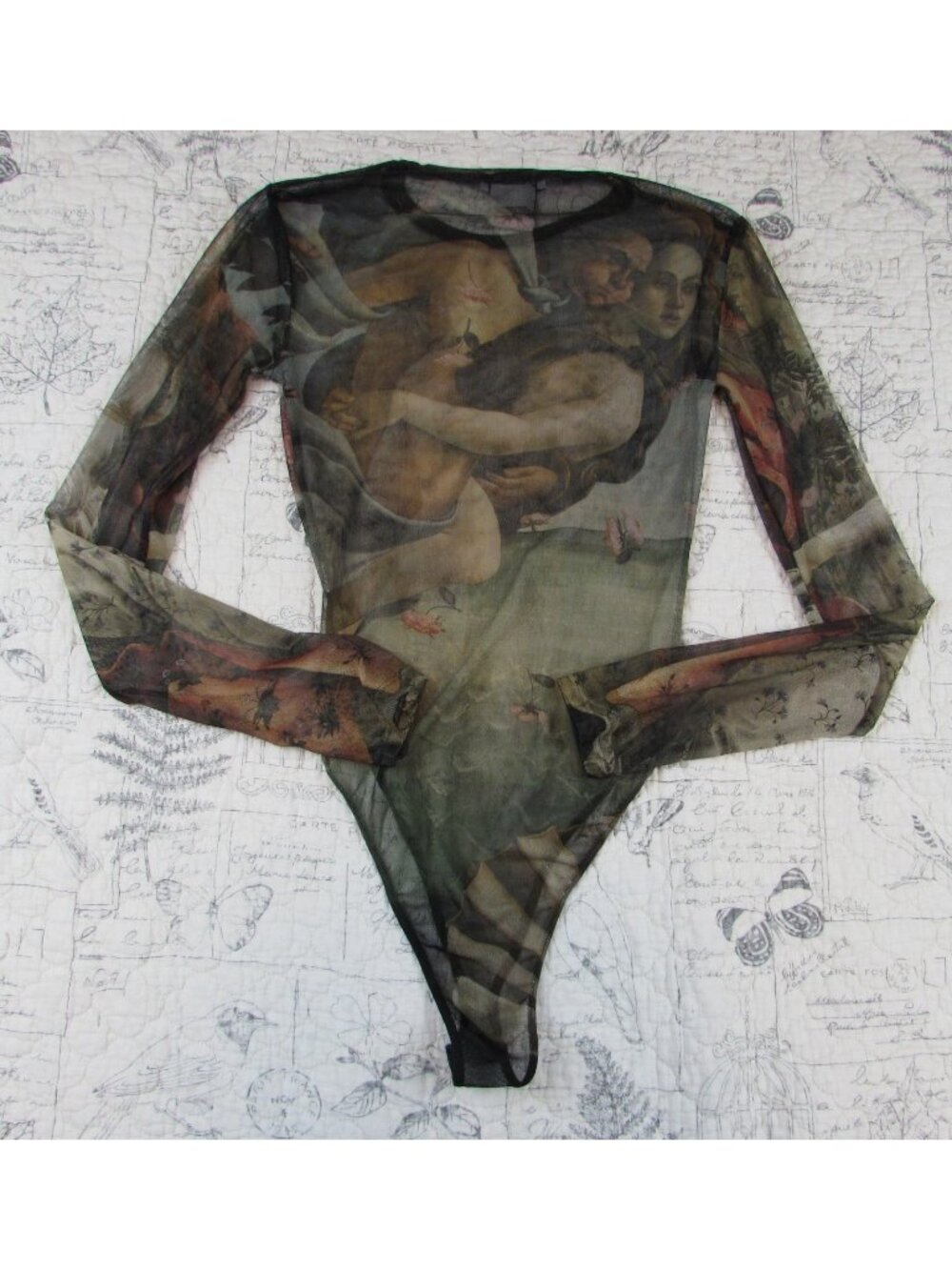 Mesh Tattoo Top Birth of Venus Long Slv Shirt Y2K Goddess Bodysuit Gothcore M